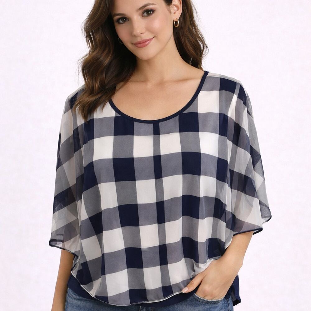 Anthropologie Postmark Elsie Top M Navy White Stripe Sheer Layered